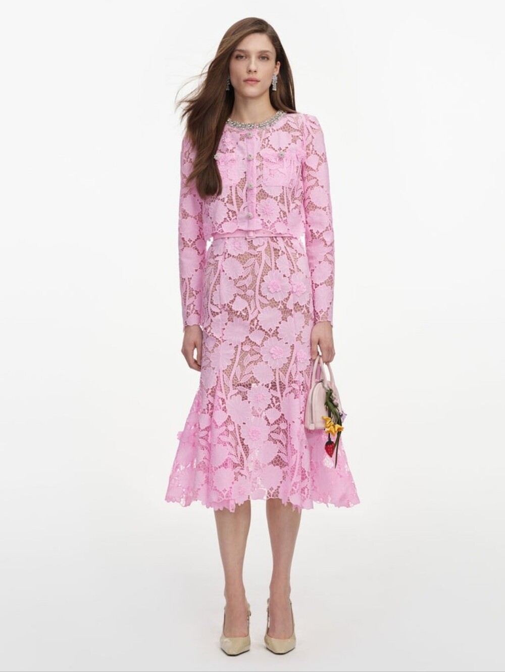 Self Portrait Pink Lace Crystal Embellished Midi Dress